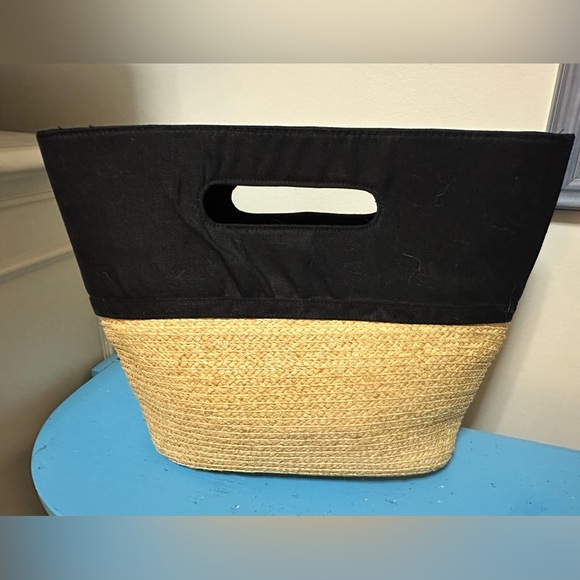 Scala Pronto Chic Black Tan Fabric Natural Fiber Straw Women's Tote Bag Clutch - Picture 3 of 7